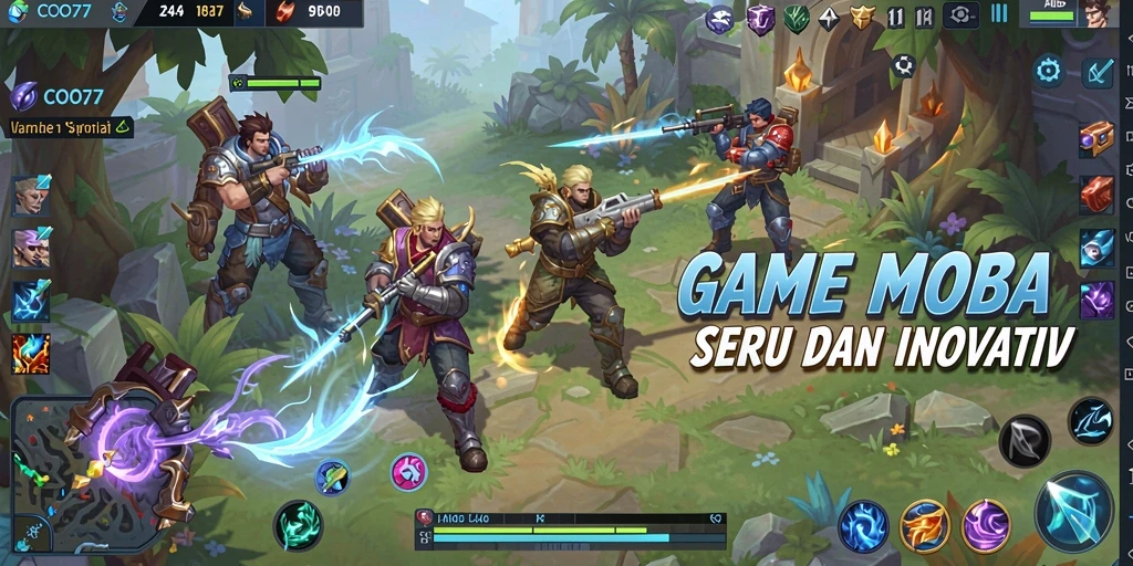 Tangkapan layar dari gameplay intens COO77 dalam pertempuran MOBA.