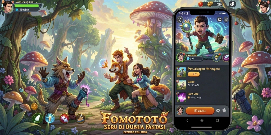 Tangkapan layar utama FOMOTOTO menunjukkan petualangan menarik di dunia fantasi.