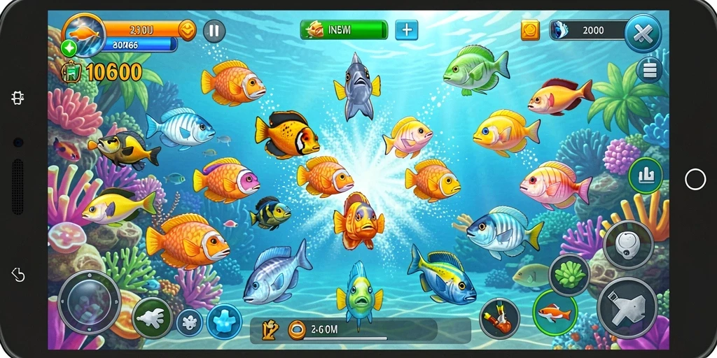 Tampilan gameplay seru di FW66 dengan berbagai ikan warna-warni.