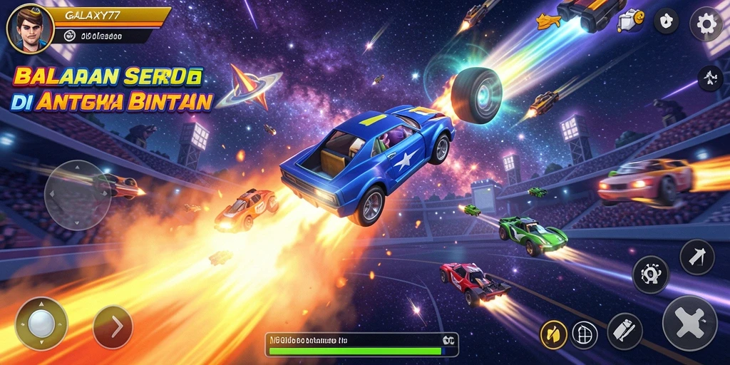 Screenshot gameplay GALAXY77 menampilkan balapan luar angkasa yang mendebarkan.