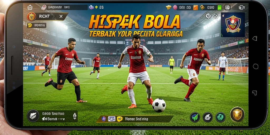 Screenshot gameplay RICH7 menunjukkan aksi seru dalam pertandingan sepak bola.